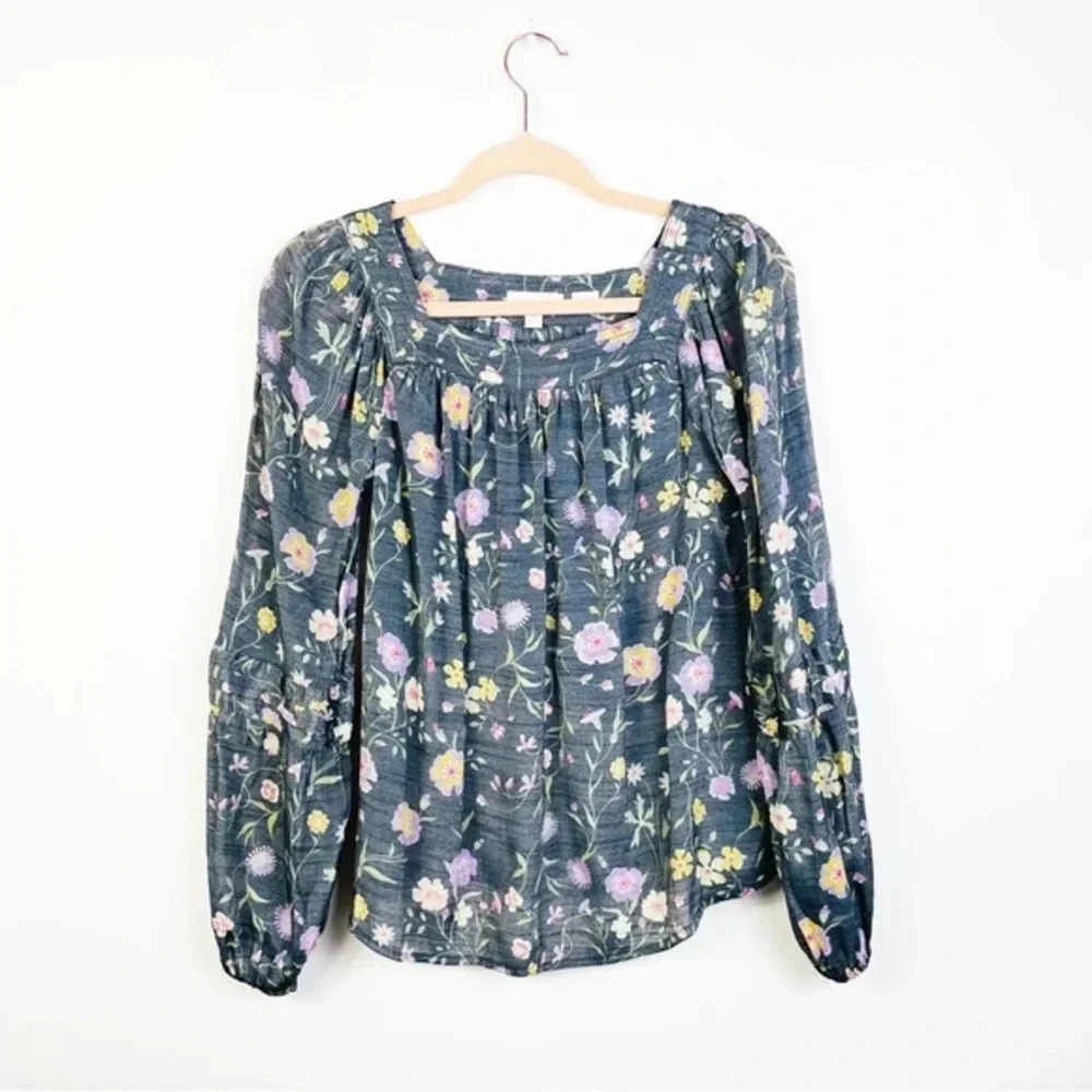 LC Lauren Conrad Gray‎ Floral Square Neck Smock Peasant Top Blouse SZ XS